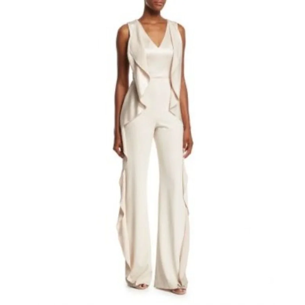 Alice + Olivia Cream Sarandon Satin Ruffle Wide Leg Jumpsuit Size 2 - Picture 1 of 14